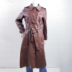 Vintage Suburban Heritage Brown Leather Belted Full Length Trench Coat Size 12